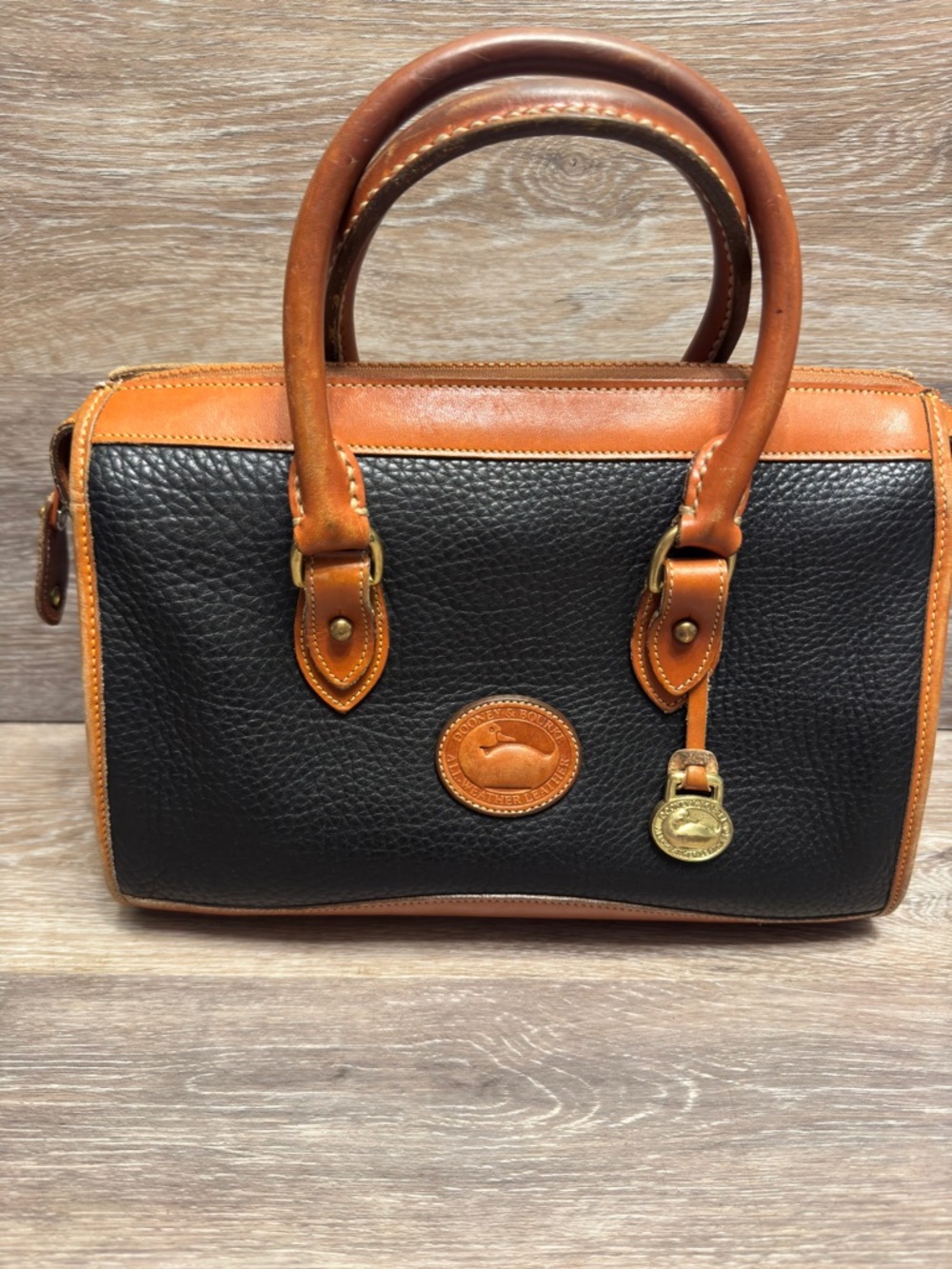 Vintage DOONEY & BOURKE Black AWL Barrel Bag Footed w/ Charm Purse Handbag